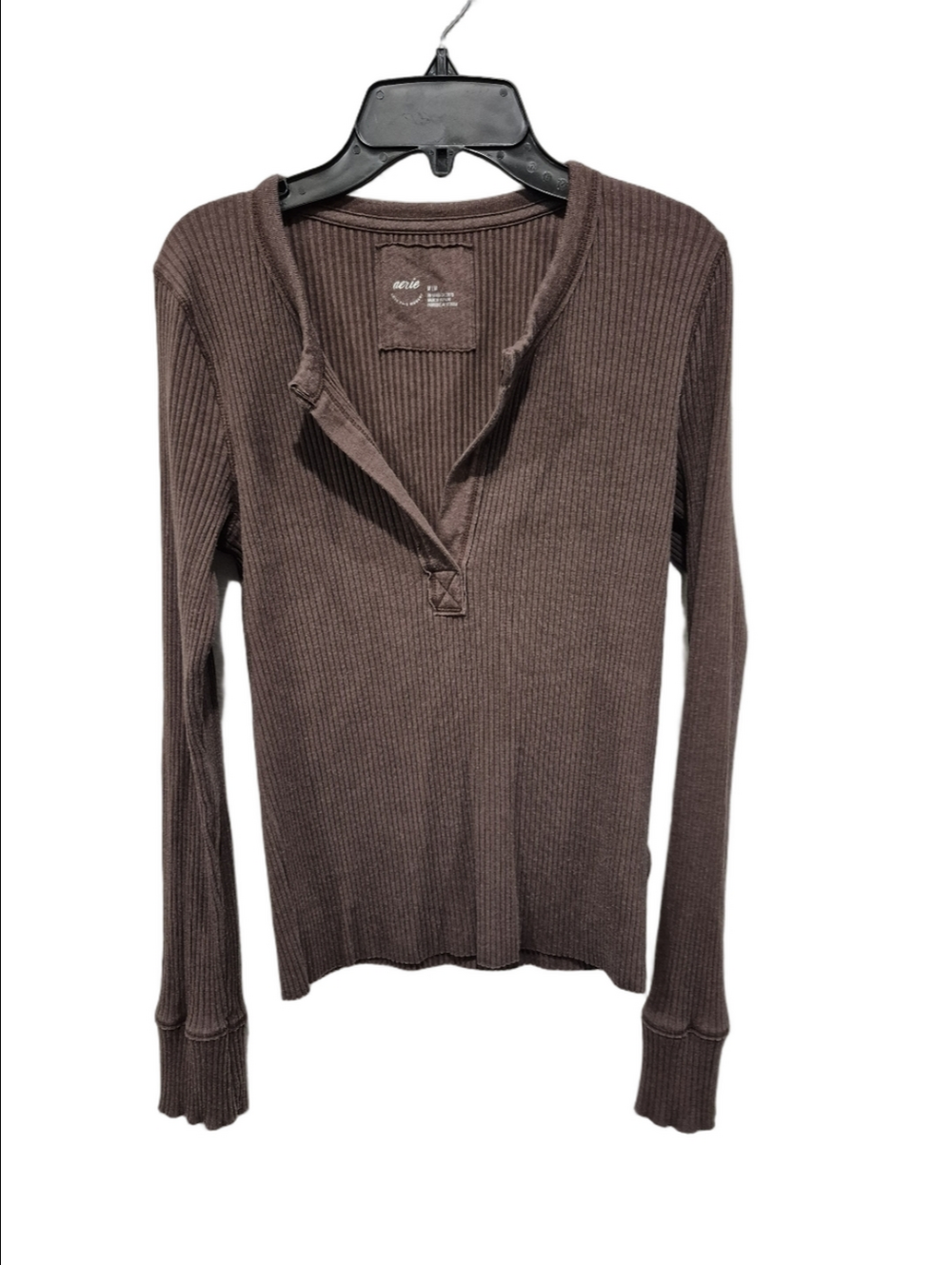 Aerie Ribbed Long Sleeve Henley Top Brown - Size Medium